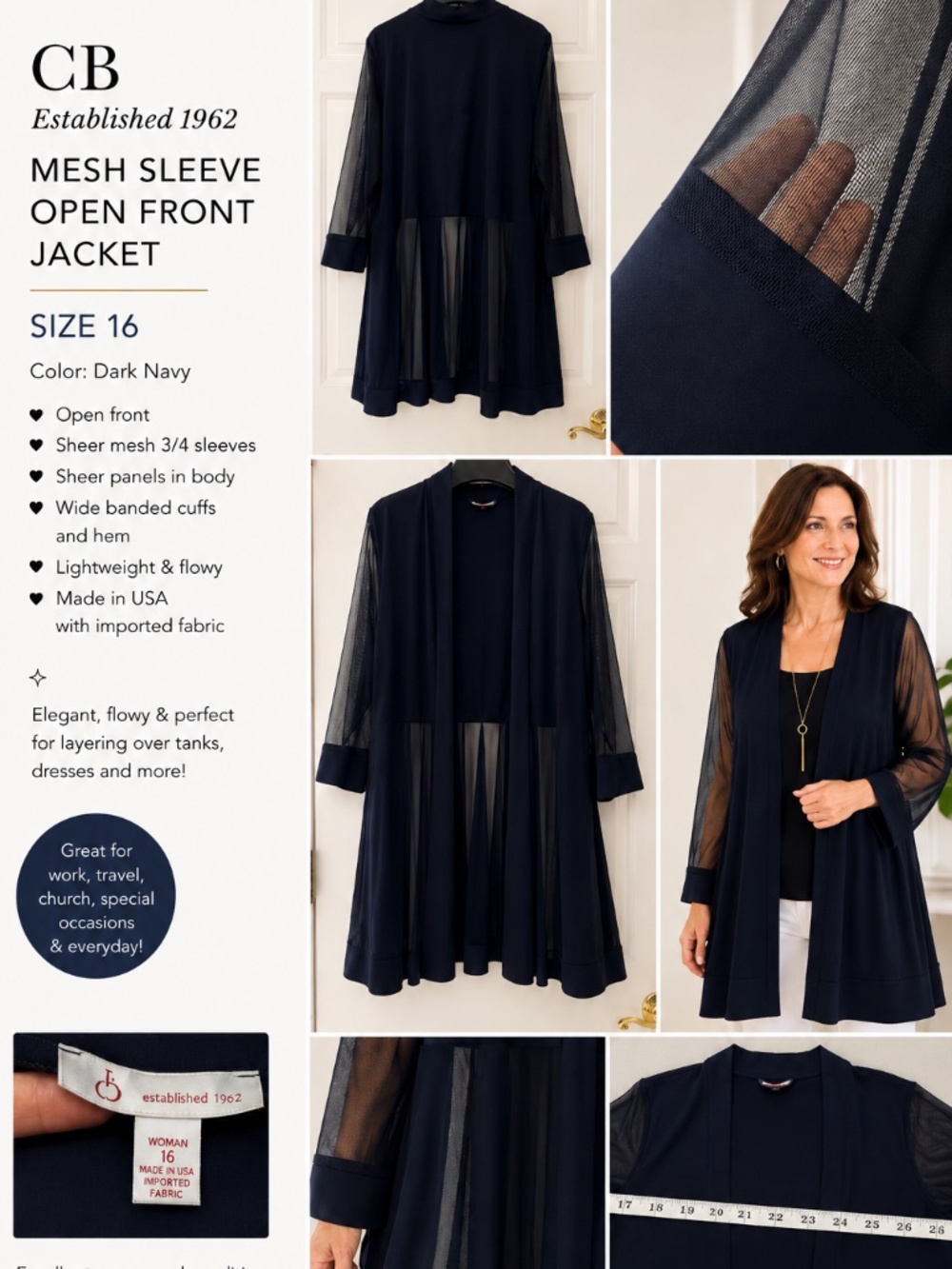 CB Established 1962 Black Mesh Sleeve Open Front Jacket Size 16